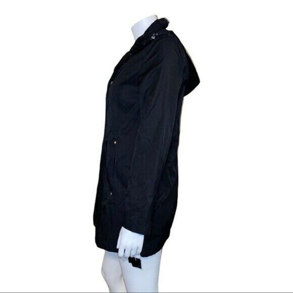 Jones New York Gold Turn Lock Button Hooded Black Raincoat Size Medium NWT - Picture 5 of 9